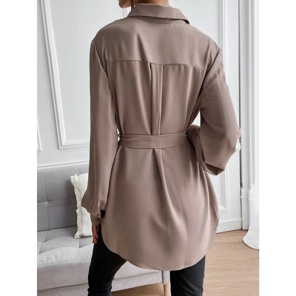 long sleeve Button down Belted tunic length Shirt black - Picture 3 of 11